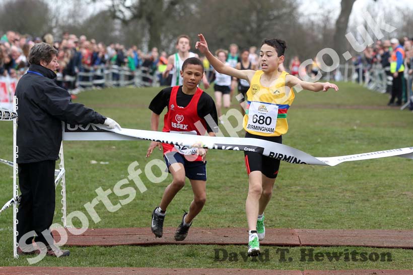 Markim Lonsdale (North East) beats Canaan Solomon in the Under-13 Boys race, McCain Inter Counties Cross Country, Cofton Park, Birmingham.